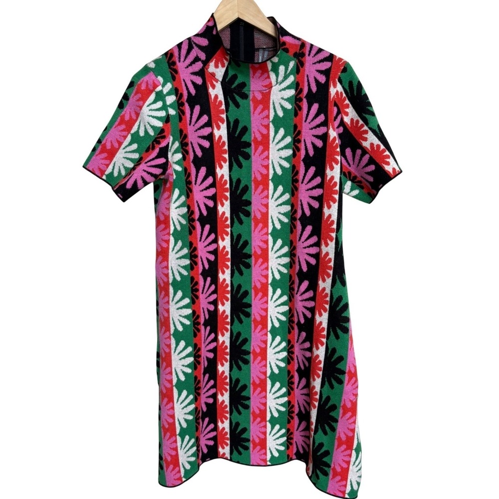 Anthropologie Floral Stripe Knit Mini Dress Large Multi-Color Mock Neck